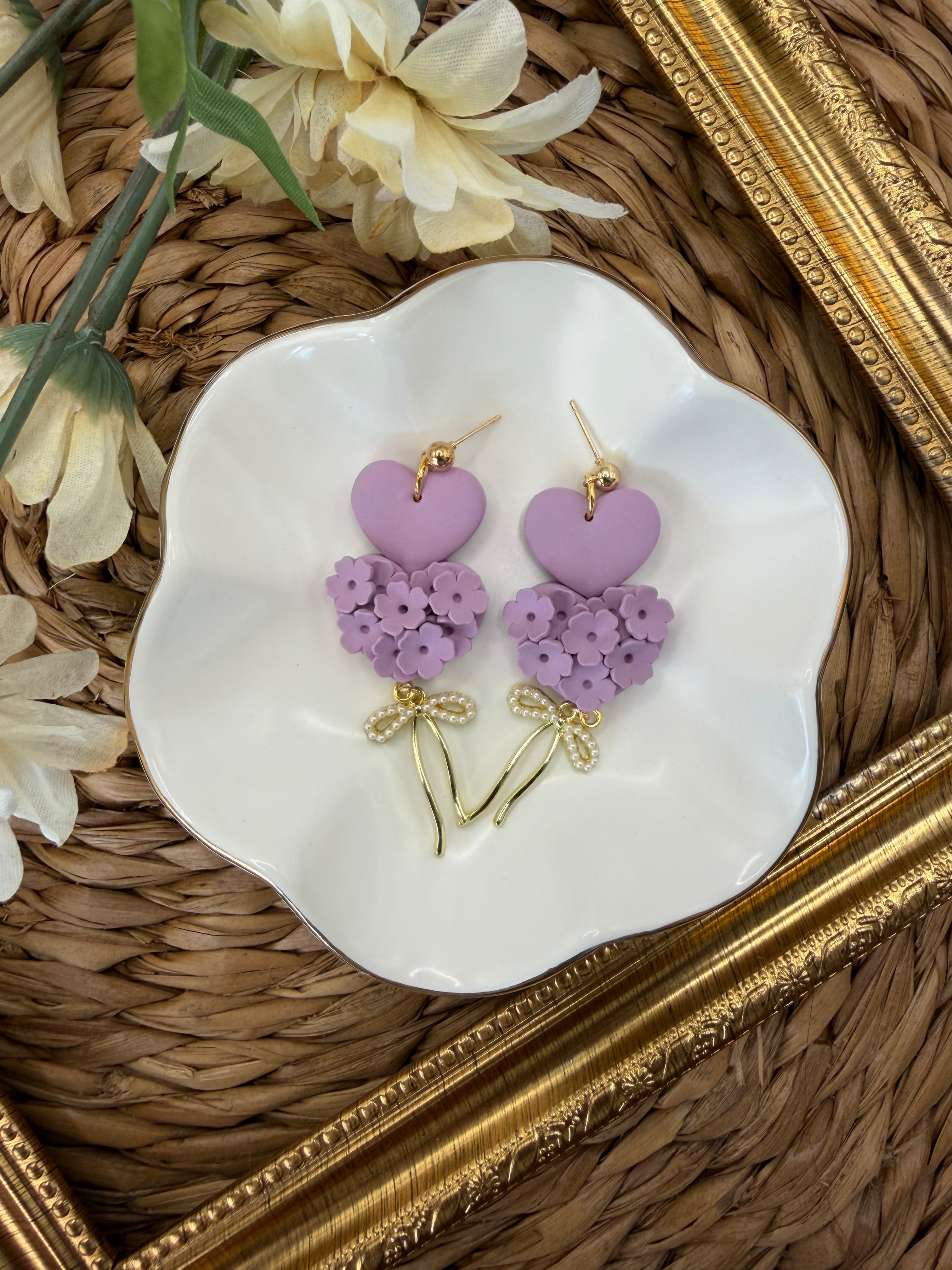 Floral Double Heart Dangles- Purple