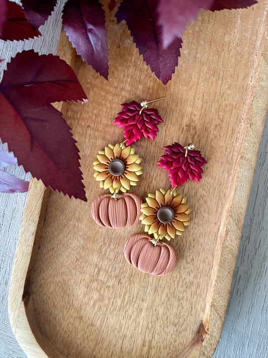 Leaf/Sunflower/Pumpkin Trio Dangles- Made To Order