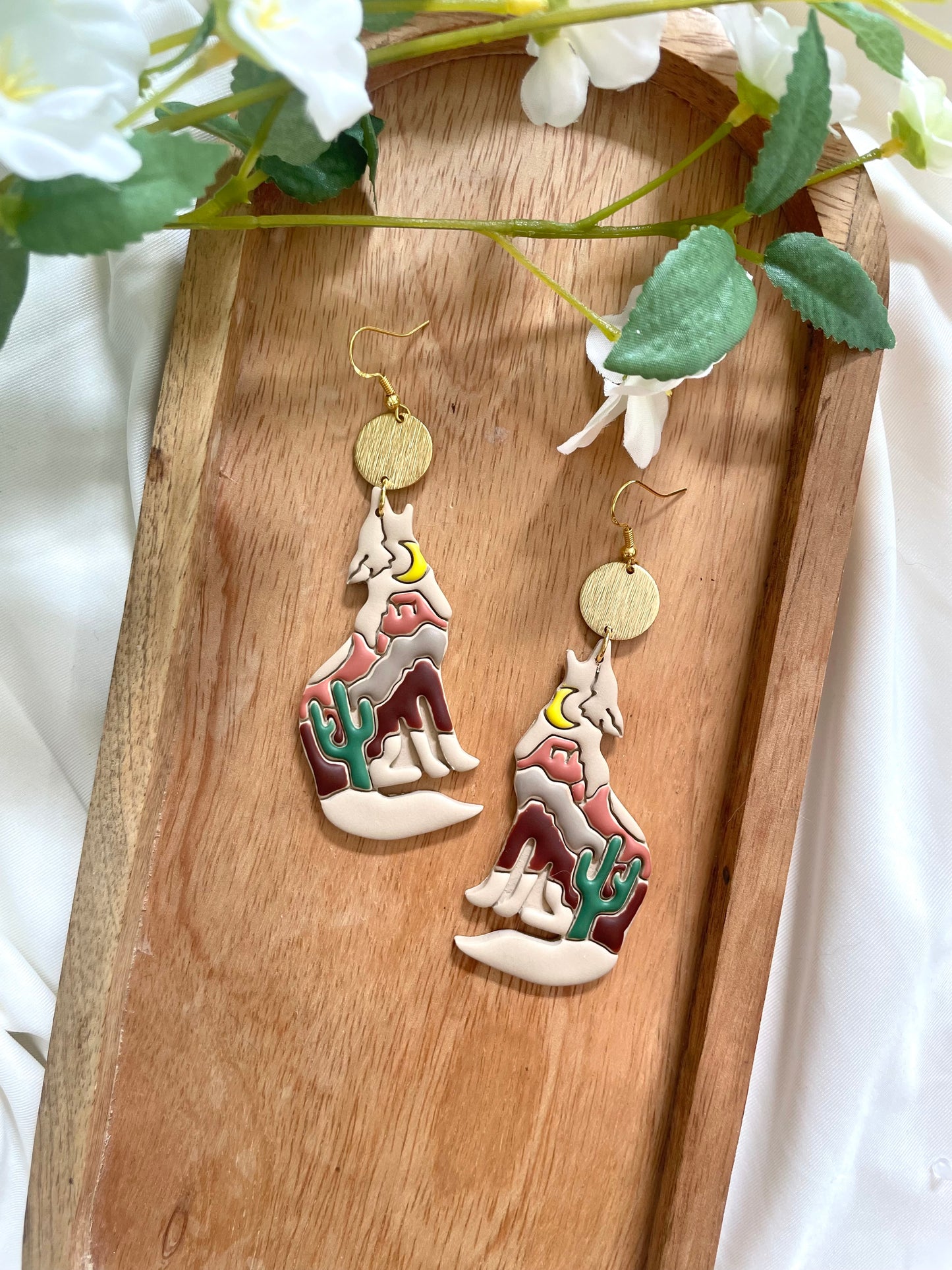 Hand-Painted Coyote Dangles