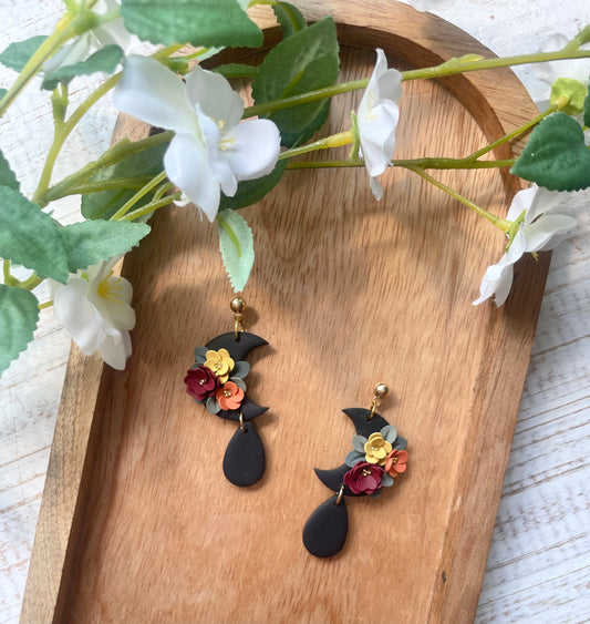 Floral Crescent Moon Dangles